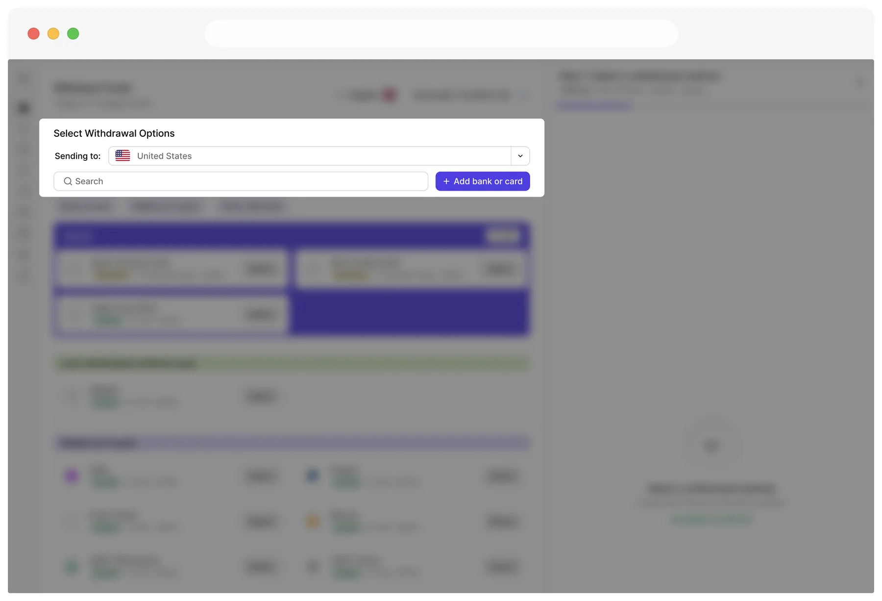 Add bank or card now sits beside search, above every saved account