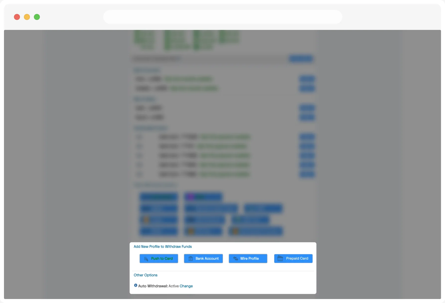 Legacy page, blurred except the bottom: Add New Profile to Withdraw Funds sits below every balance and method