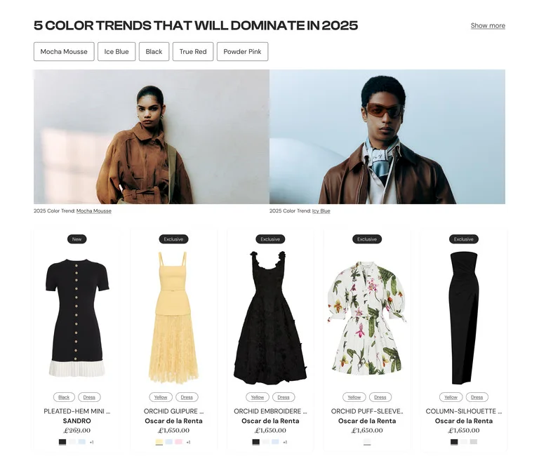 Home page: the Colors section with rank chips over a card grid