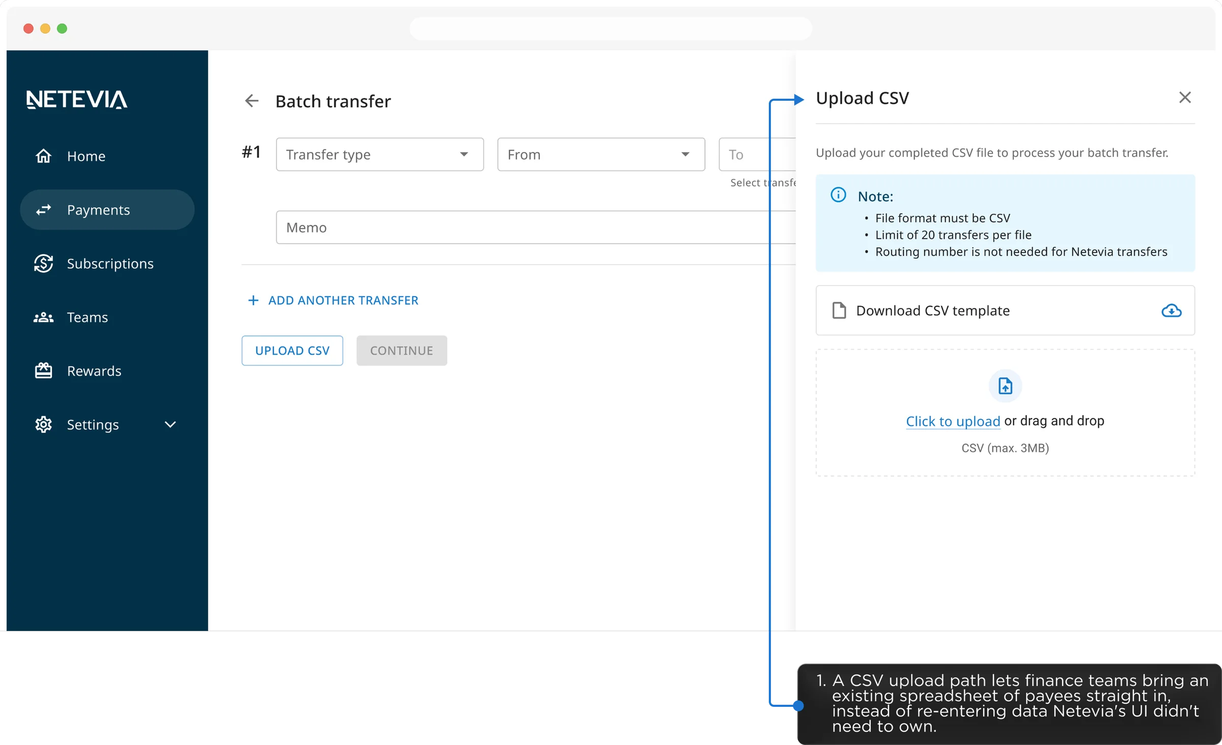 Batch Transfer flow: upload, review and confirm many payments at once