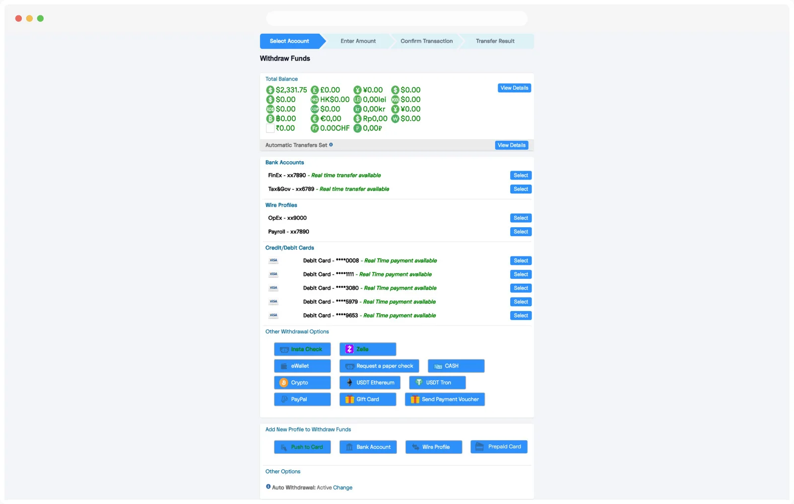Legacy Withdraw Funds page: balances, accounts, wire profiles and cards in one long flat list