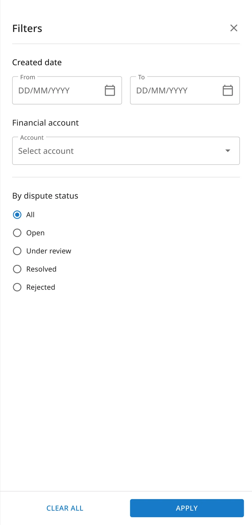 Filters panel: created-date range, financial account and dispute status