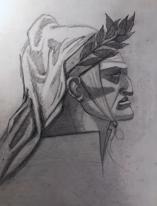 Charcoal drawing of a laurel-crowned head