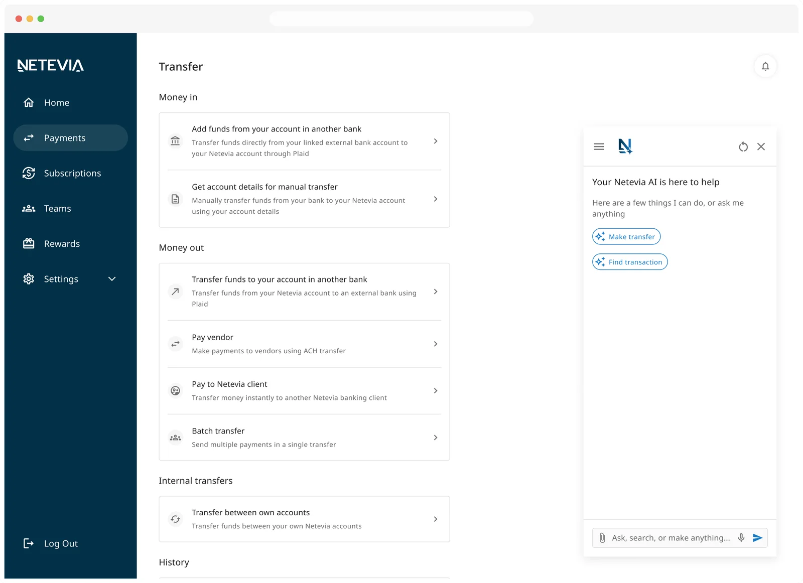 Netevia dashboard with the AI assistant panel open