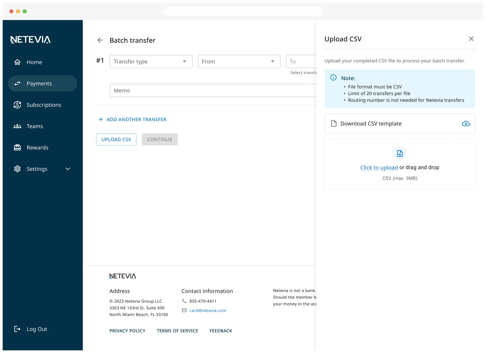 Netevia dashboard during a batch transfer