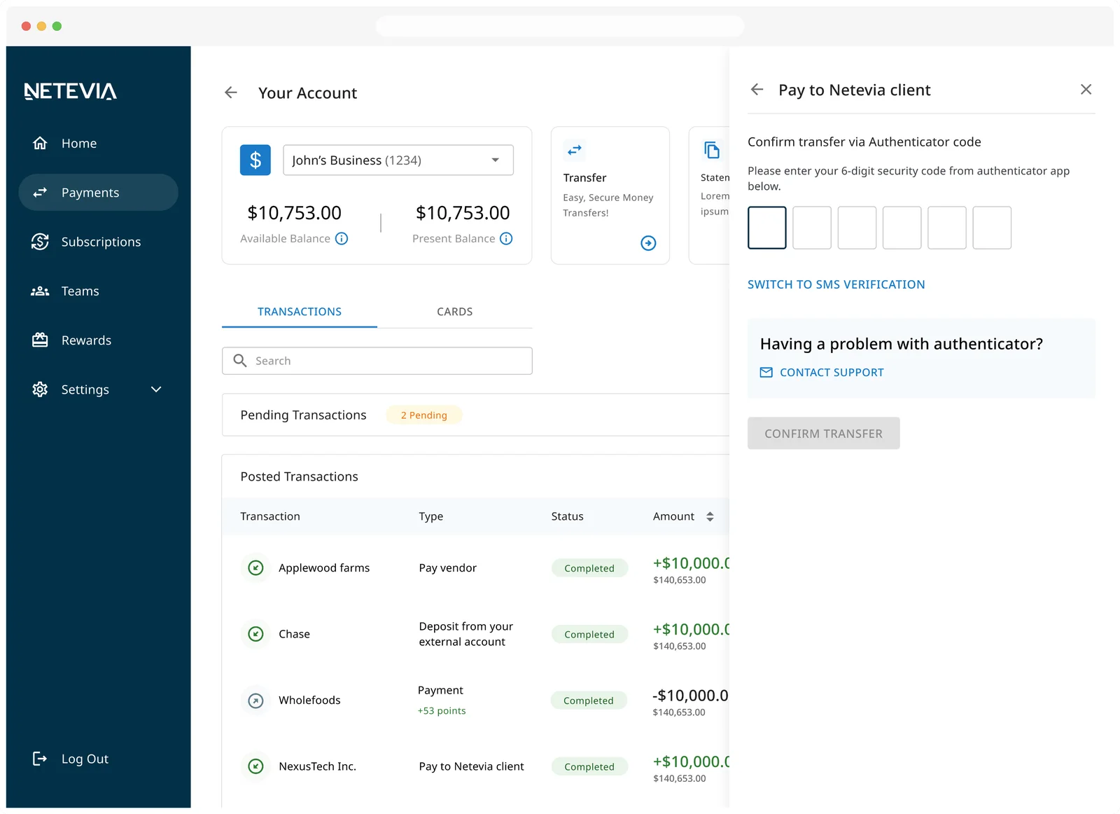 Netevia Business dashboard