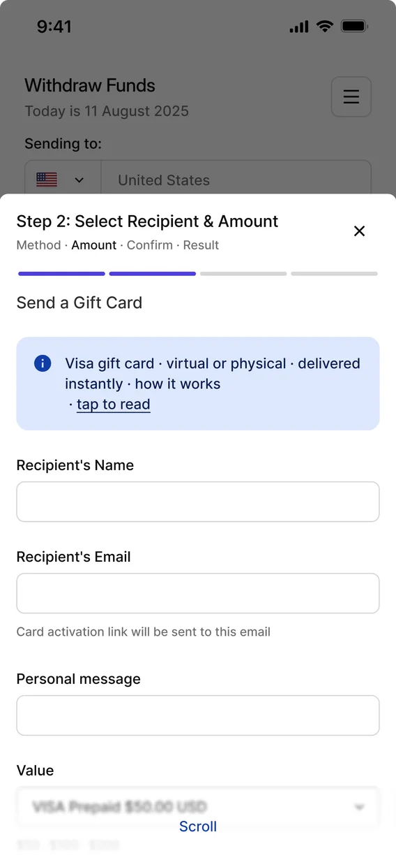 Gift Card withdrawal on mobile