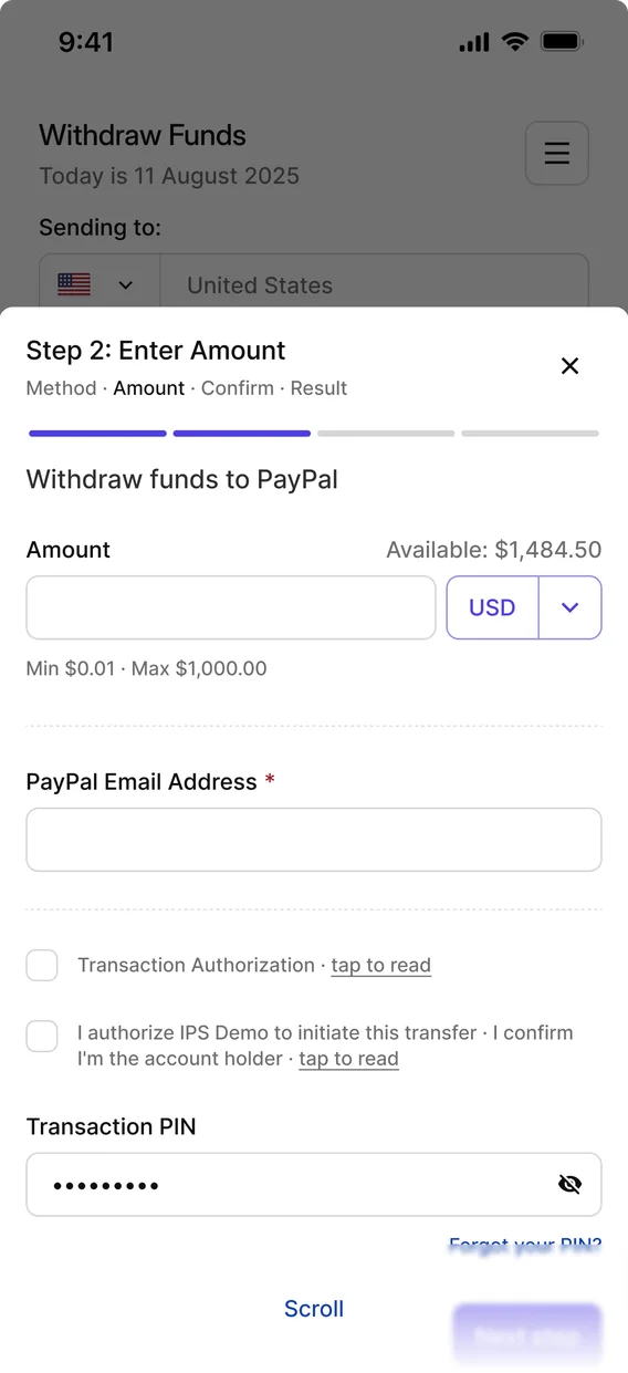 PayPal withdrawal on mobile