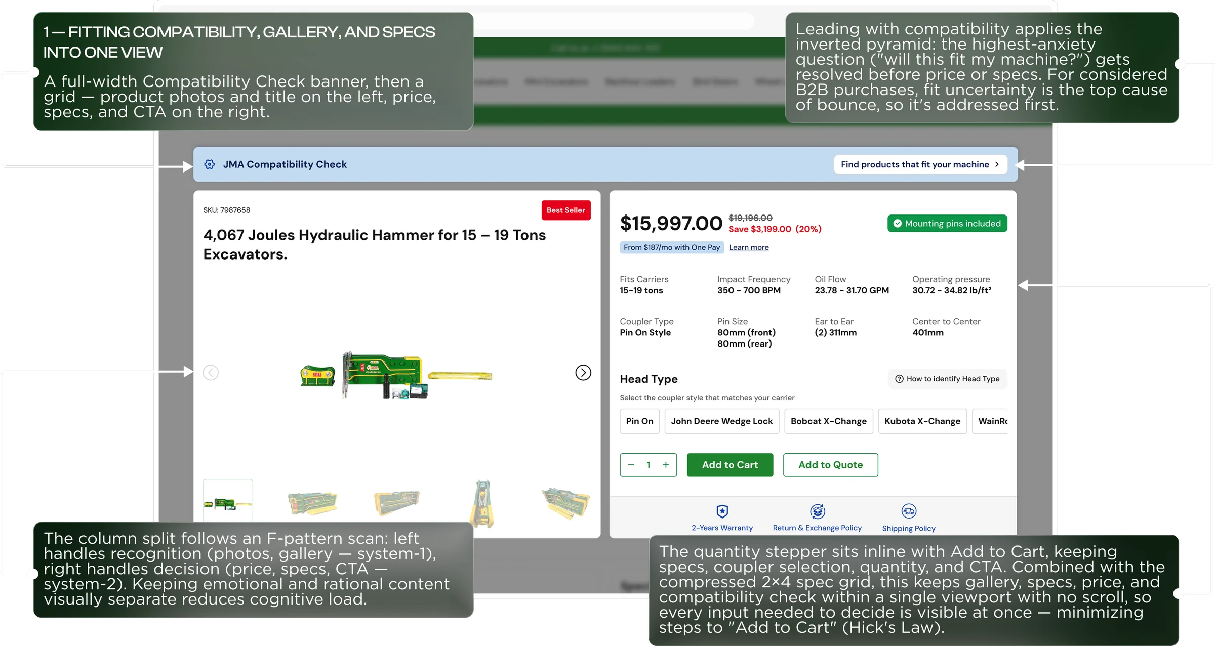 Redesigned product page with the compatibility banner, spec grid and head type / pin size selectors