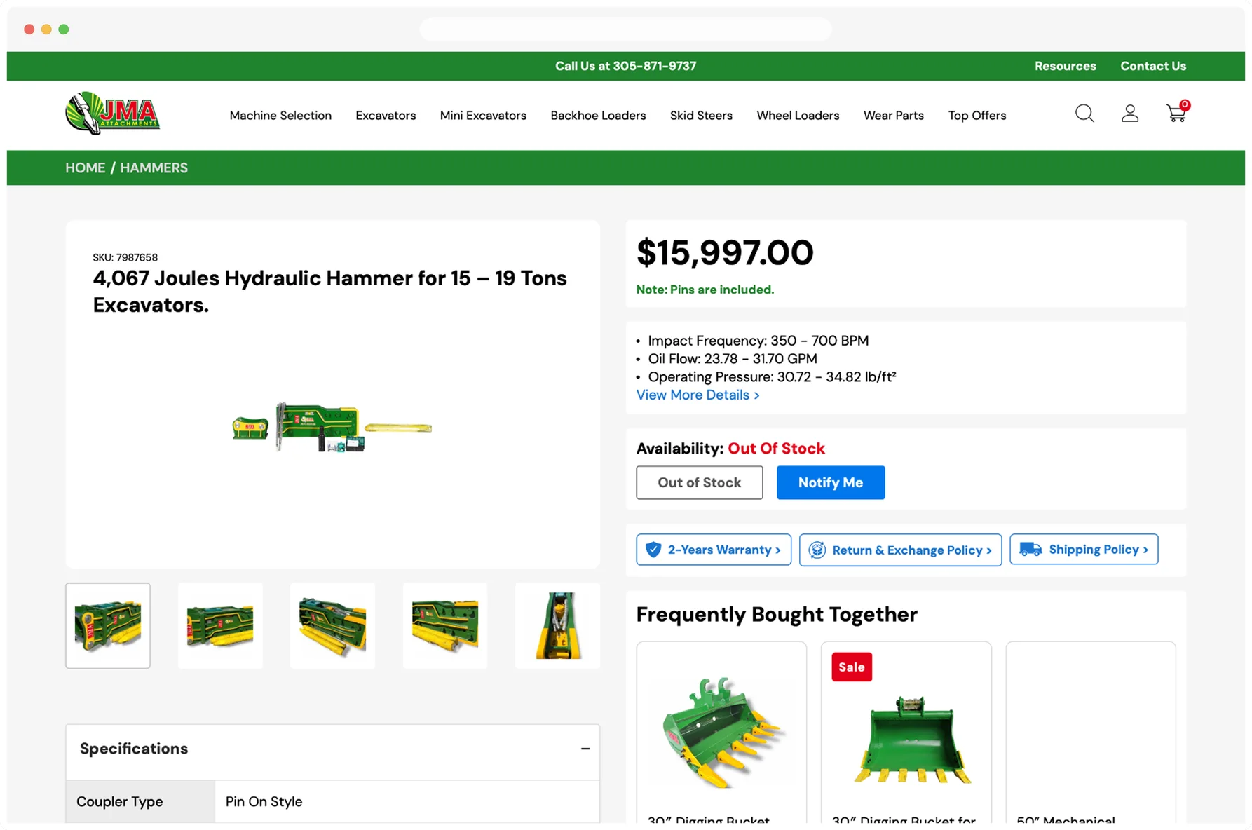 Legacy product page: specs hidden in an accordion, no head type or pin size selection