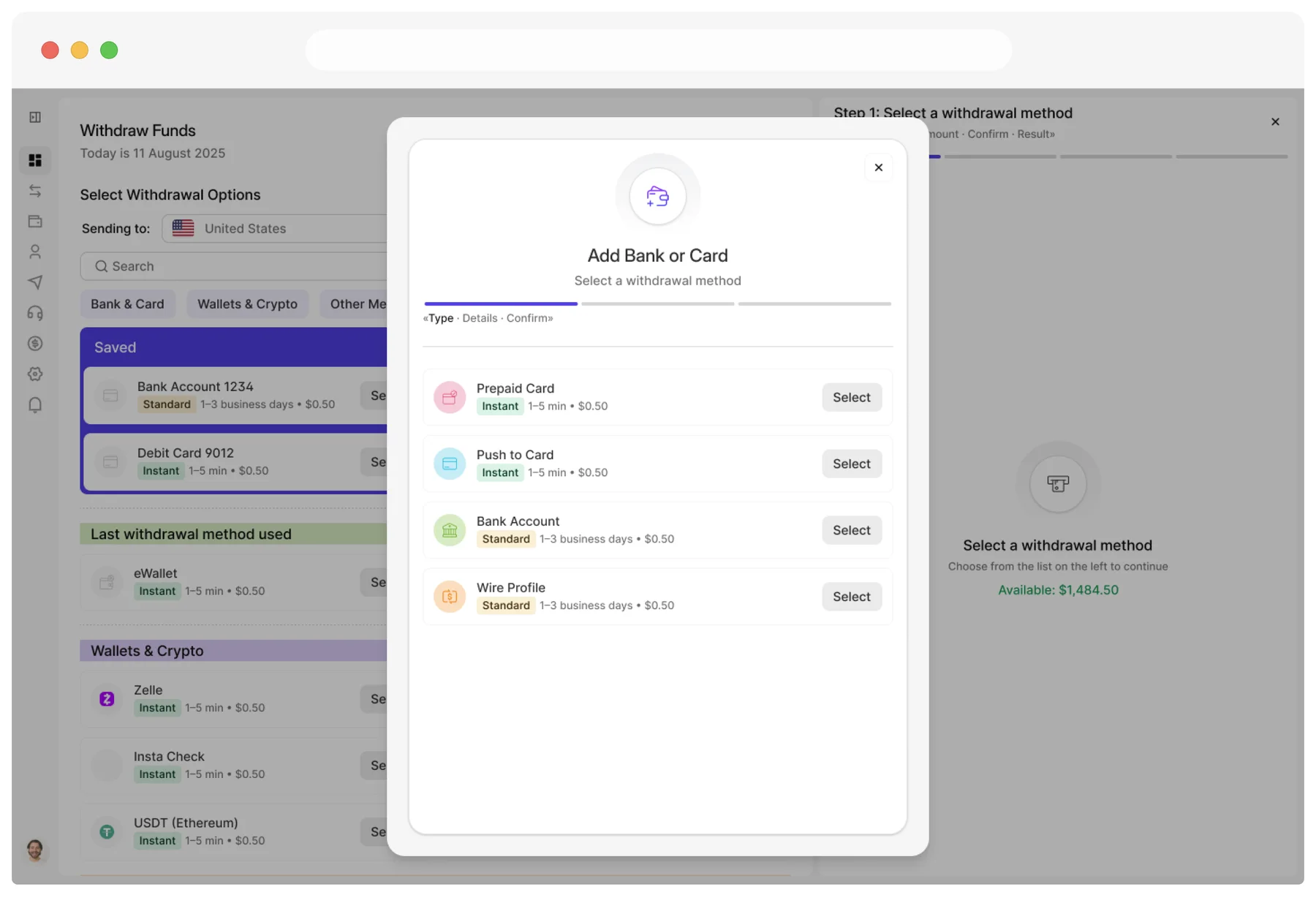 Add Bank or Card modal over the dimmed dashboard: Prepaid Card, Push to Card, Bank Account, Wire Profile