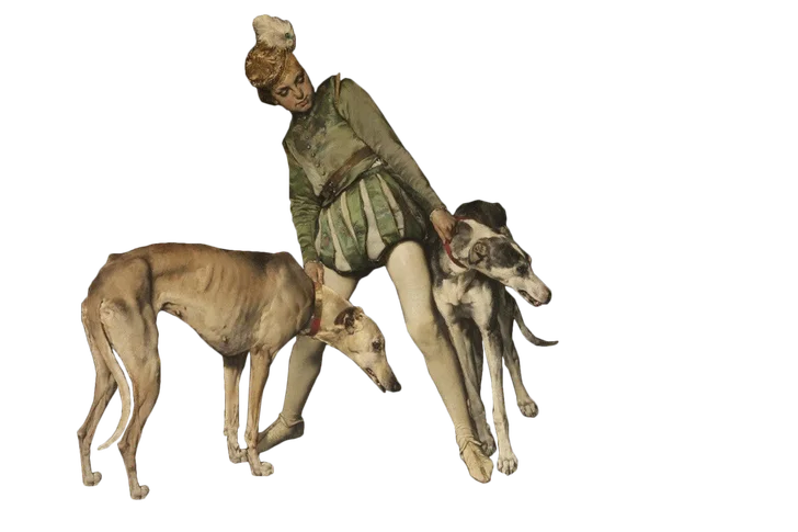 Bronze statue of a woman with two greyhounds
